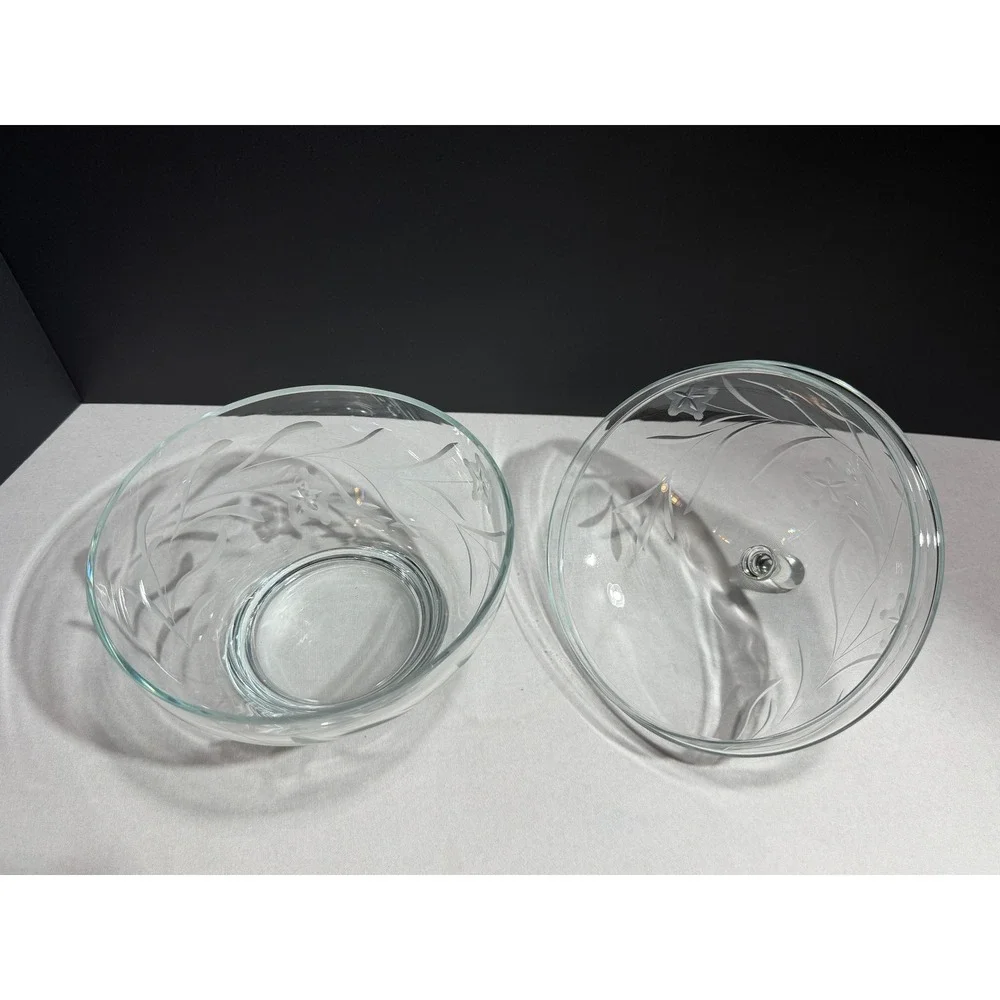 Vintage Etched Clear Glass Candy Dish with Lid Floral Pattern Pedestal Bowl